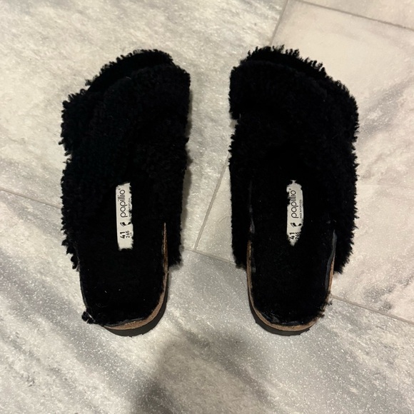 Papilio Birkenstock Black Teddy Sherpa Fuzzy Sandals Size 10/41 - Picture 6 of 9